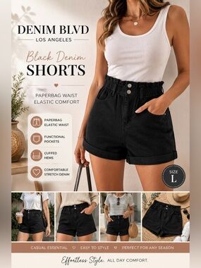 Denim Blvd Los Angeles Black Paperbag Waist Denim Shorts NWT Size L